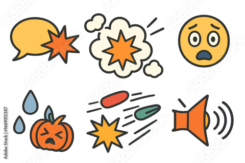 Impact Icons Grid. Flat vector mini-illustrations collision impact in colors children's illustrations: car crash, bumper hit,