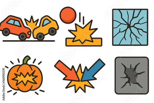 Impact Icons Grid. Flat vector mini-illustrations collision impact in colors children's illustrations: car crash, bumper hit,