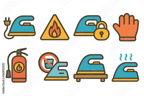 Iron Safety Icons. Flat vector mini-illustrations flat iron safety in colors children's illustrations: unplugged iron, heat