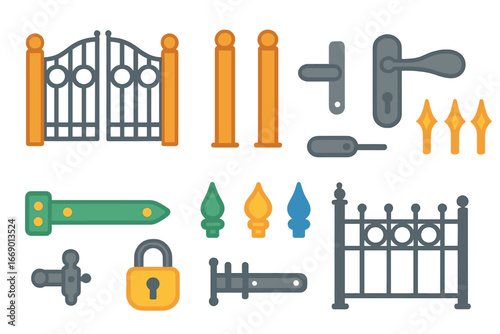 Iron Gate Icons. Flat vector mini-illustrations iron gates and fences in colors children's illustrations: wrought iron gate, fence