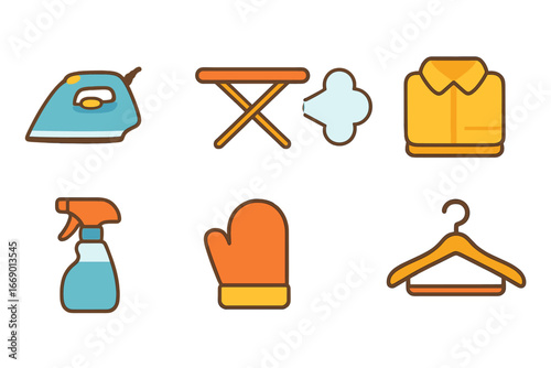 Ironing Essentials Icons. Flat vector mini-illustrations clothes iron in colors children's illustrations: electric iron, ironing