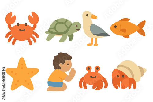 Island Animals Grid. Flat vector mini-illustrations island animals in colors children's illustrations: crab, turtle, seagull, fish