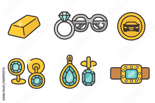 Kid's Luxury Icons. Flat vector mini-illustrations luxury bling in colors children's illustrations: gold bar, platinum ring,