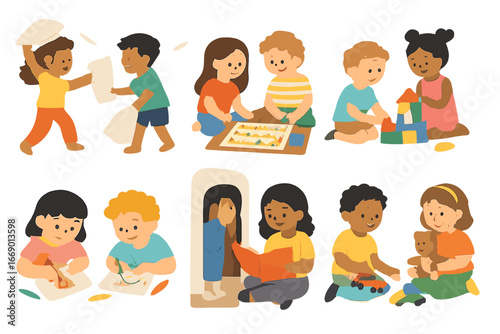 Kids Indoor Fun. Flat vector mini-illustrations kids’ fun activities indoors in colors children's illustrations: pillow fight,