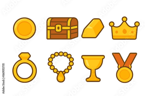 Kids' Gold Treasures. Flat vector mini-illustrations Gold treasures in colors children's illustrations: gold coin, treasure chest,