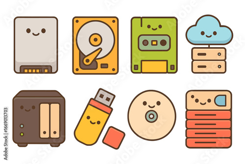 Kids' Data Storage Icons. Flat vector mini-illustrations data storage types in colors children's illustrations: SSD drive, HDD