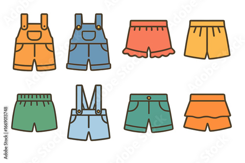 Kids' Shorts Styles. Flat vector mini-illustrations kids’ shorts styles in colors children's illustrations: overalls shorts,
