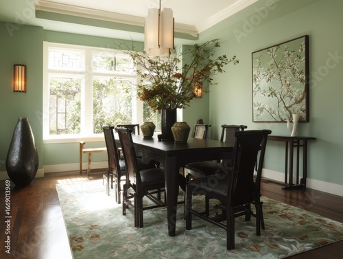 A sunlit dining room with s...