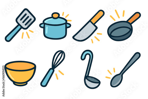 Kitchen and Smithy Icons. Flat vector mini-illustrations clang in kitchen sounds in colors children's illustrations: metal spatula