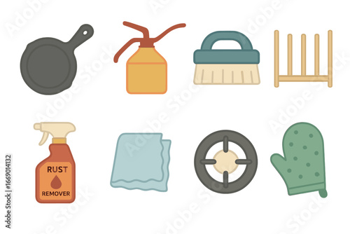 Kitchen Cleaning Icons. cast iron, oil can, scrub brush, drying rack, rust remover, cleaning cloth, stove burner, oven mitt. [Flat