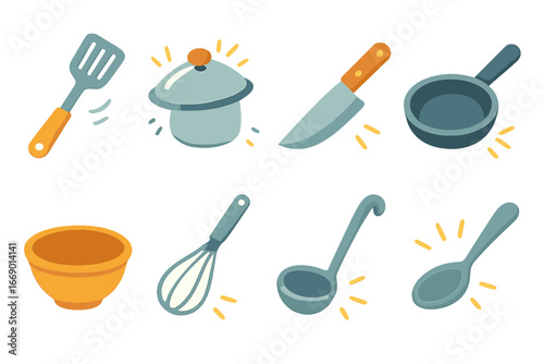 Kitchen and Smithy Icons. Flat vector mini-illustrations clang in kitchen sounds in colors children's illustrations: metal spatula
