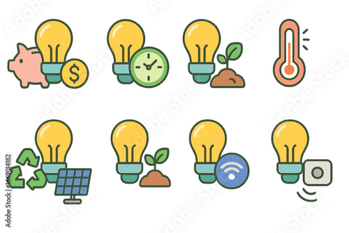 LED Eco-Friendly Icons. Flat vector mini-illustrations LED environmental benefits in colors children's illustrations: energy