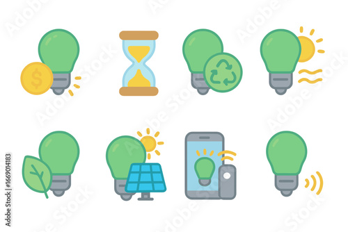 LED Eco-Friendly Icons. Flat vector mini-illustrations LED environmental benefits in colors children's illustrations: energy