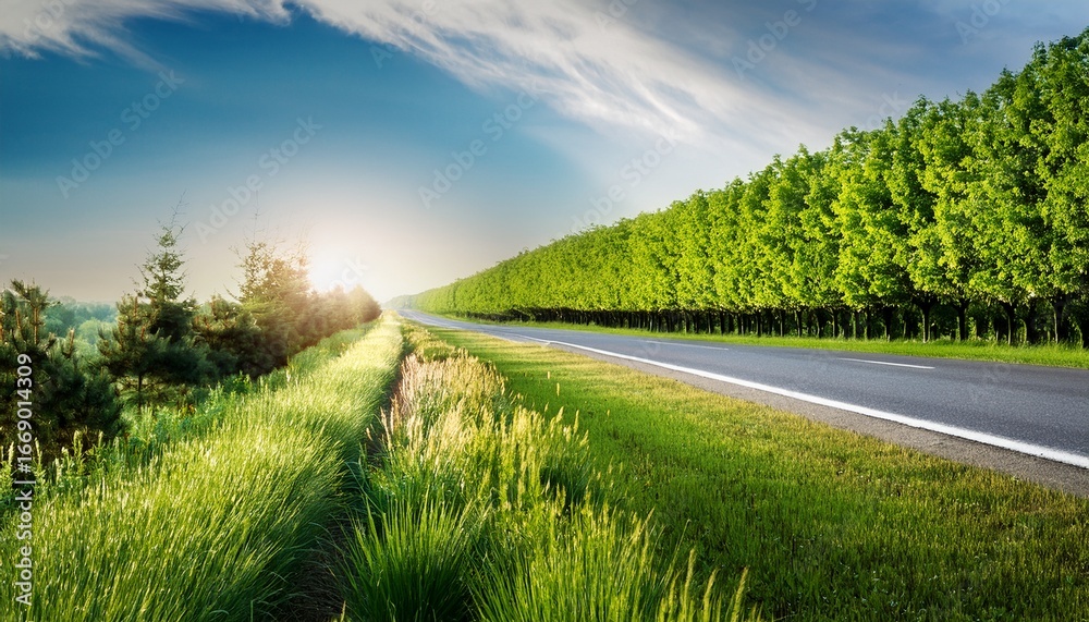Fototapeta premium scene along the roadside where a verdant belt of greenery bursts forth
