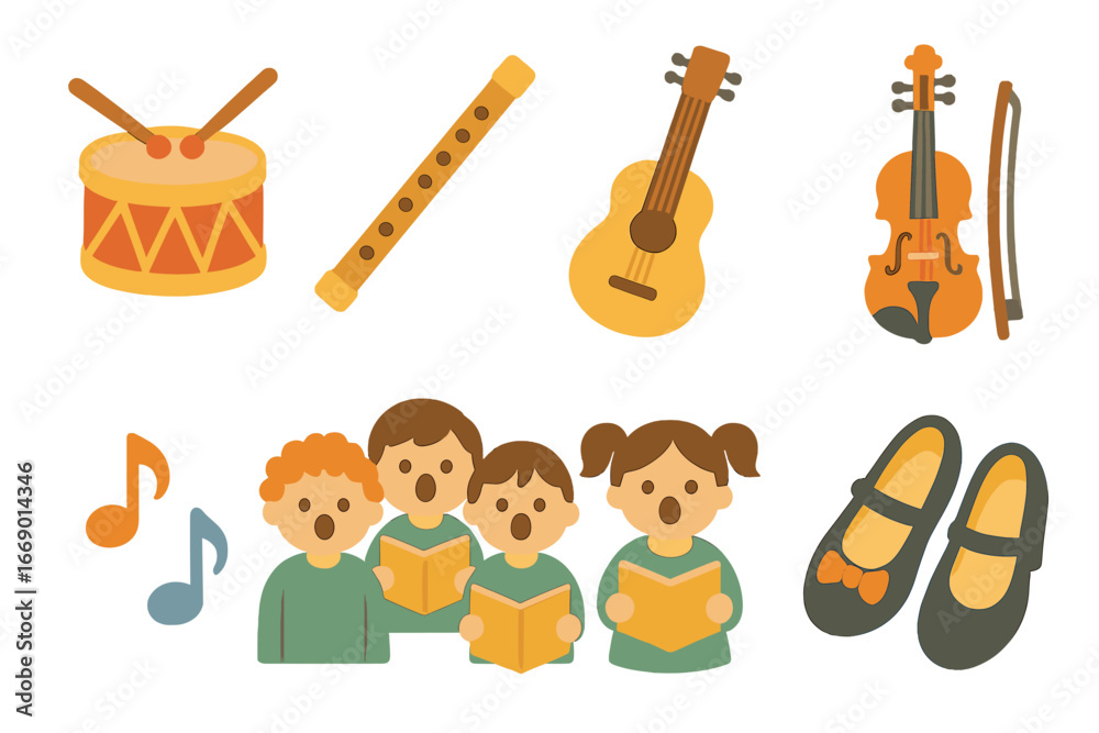 Fototapeta premium Musical Icons for Kids. Flat vector mini-illustrations musical tradition in colors children's illustrations: drum, flute, guitar,