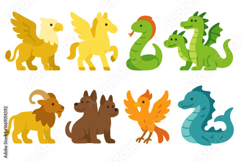 Mythical Creatures Grid. Flat vector mini-illustrations mythic animals in colors children's illustrations: griffin, pegasus,