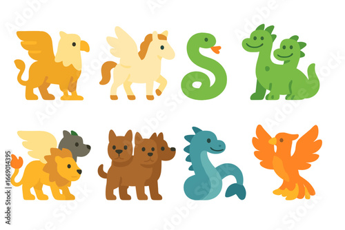 Mythical Creatures Grid. Flat vector mini-illustrations mythic animals in colors children's illustrations: griffin, pegasus,