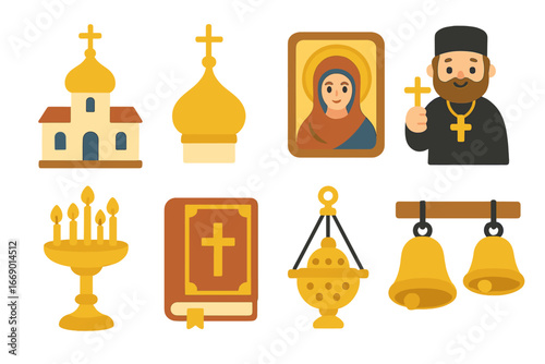 Orthodox Religion Icons. Flat vector mini-illustrations orthodox religion in colors children's illustrations: orthodox church,