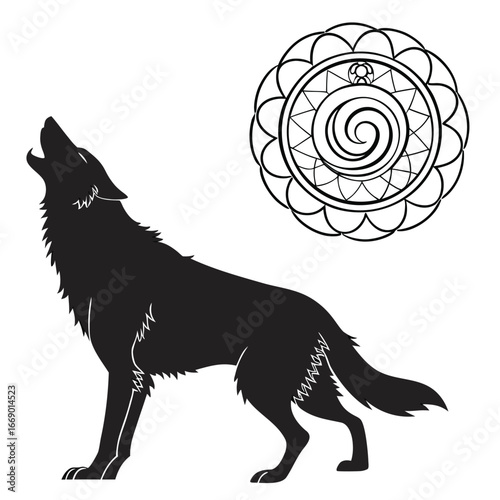 Wolf howling under spiral jewel silhouette