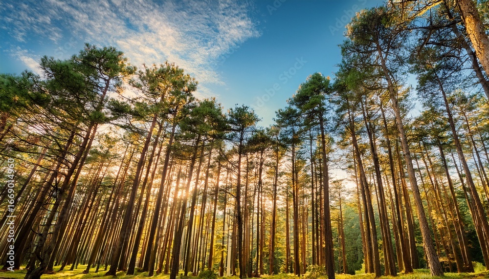 Fototapeta premium tall pines forest sky sunlit nature