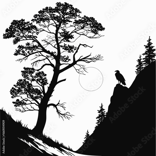 Moon shining on glowing valley silhouette