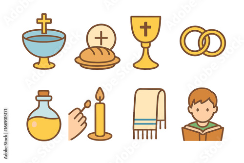 Religious Ceremonial Icons. Flat vector mini-illustrations religious ceremony in colors children's illustrations: baptism font,