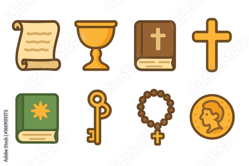 Relics Illustrated for Children. Flat vector mini-illustrations Relics in colors children's illustrations: ancient scroll, old