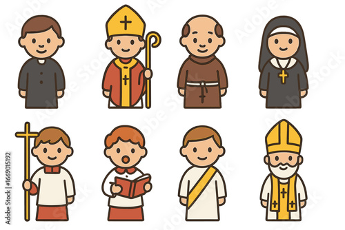 Religious Figures Icons. Flat vector mini-illustrations clergy and religious figures in colors children's illustrations: priest,
