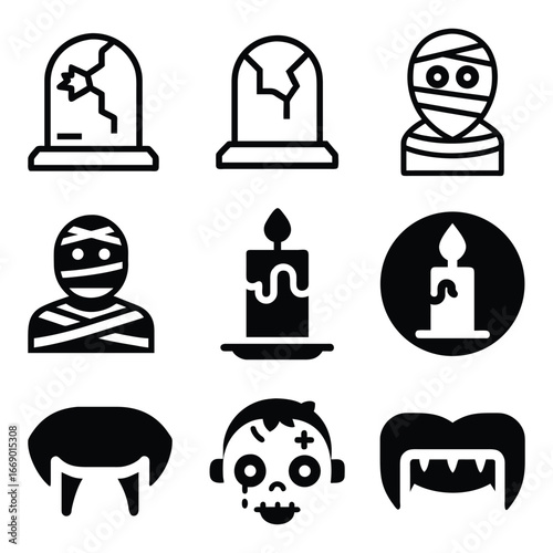 Collection of halloween icons featuring tombstones mummies candle zombie and vampire fangs for festive design