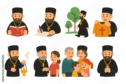 Spiritual Father's Daily Life. Flat vector mini-illustrations Spiritual father daily life in colors children's illustrations: