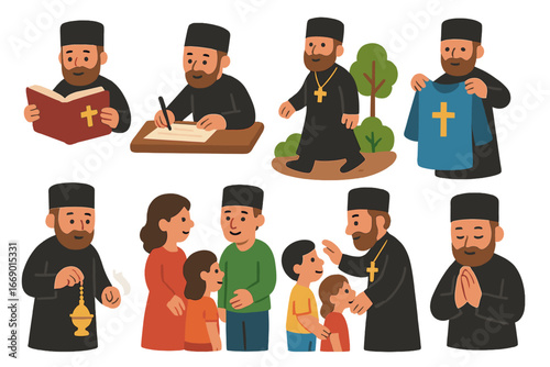 Spiritual Father's Daily Life. Flat vector mini-illustrations Spiritual father daily life in colors children's illustrations: