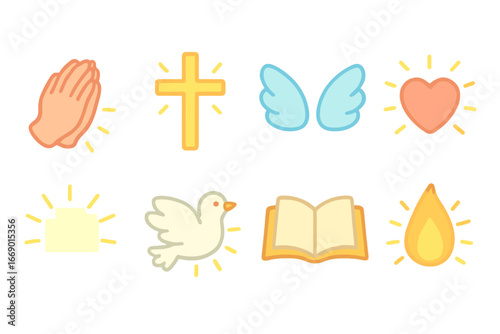 Spiritual Icons Grid. Flat vector mini-illustrations Spiritual soul in colors children's illustrations: praying hands, shining