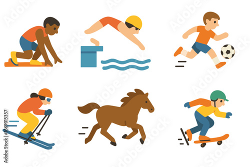 Sports Speed Icons. Flat vector mini-illustrations acceleration in sports in colors children's illustrations: sprinter starting,