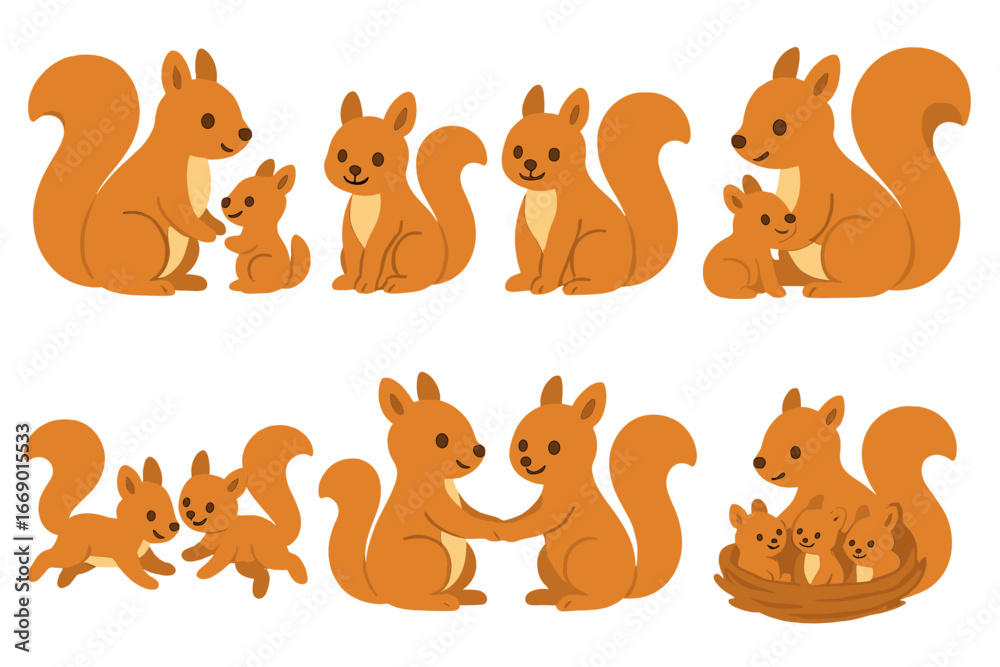 Fototapeta premium Squirrel Family Illustrations. Flat vector mini-illustrations squirrel families in colors children's illustrations: mother