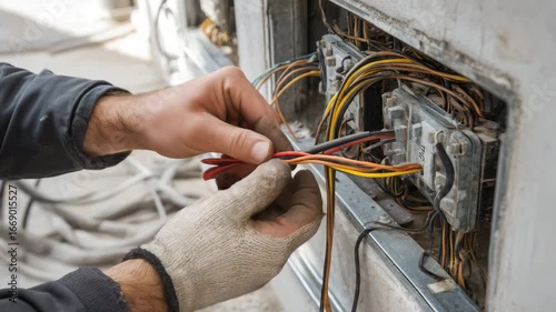 Hands working on electrical wiring at a construction site