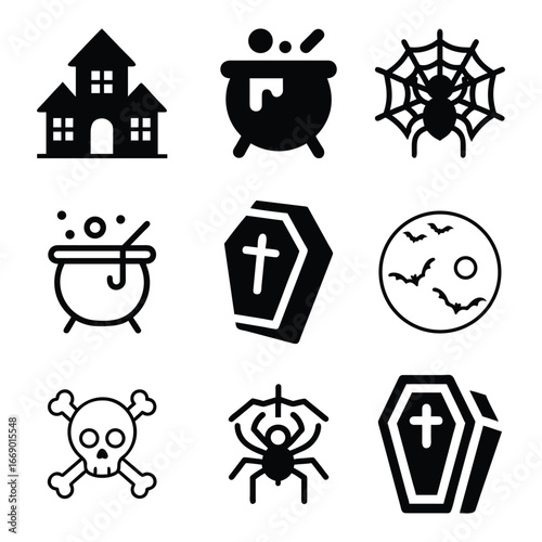 Collection of spooky halloween icons featuring a haunted house cauldron spider web skull and coffins for spooky holiday designs