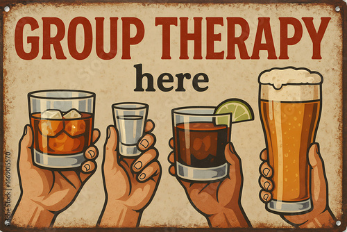 Four illustrated hands holding various drinks on a vintage textured background, concept of friendship and social gathering. Vintage tin sign, emblem badge patch with retro design and distressed look