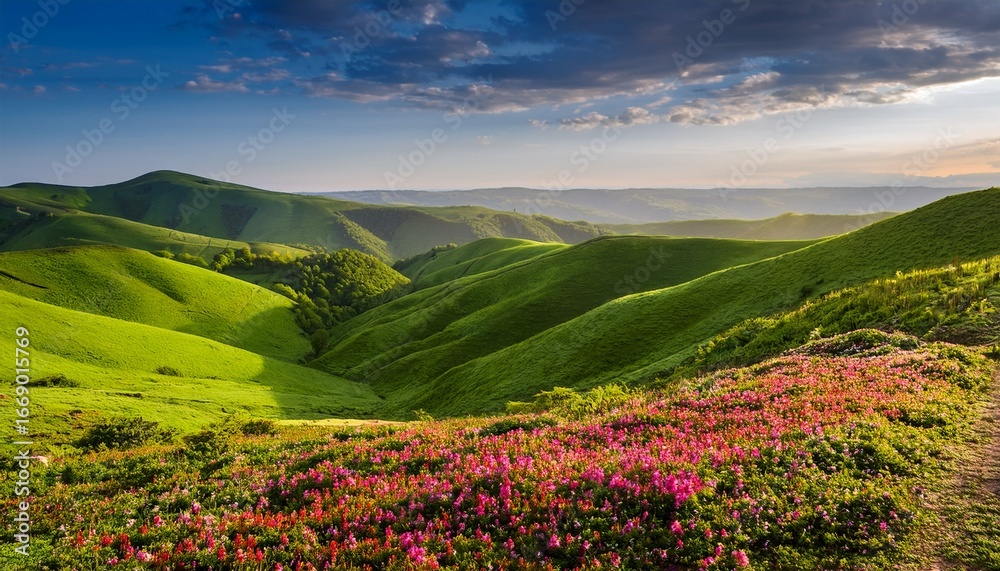 Obraz premium green hills covered in vibrant floral flowers creating a stunning landscape cut out colorful foliage