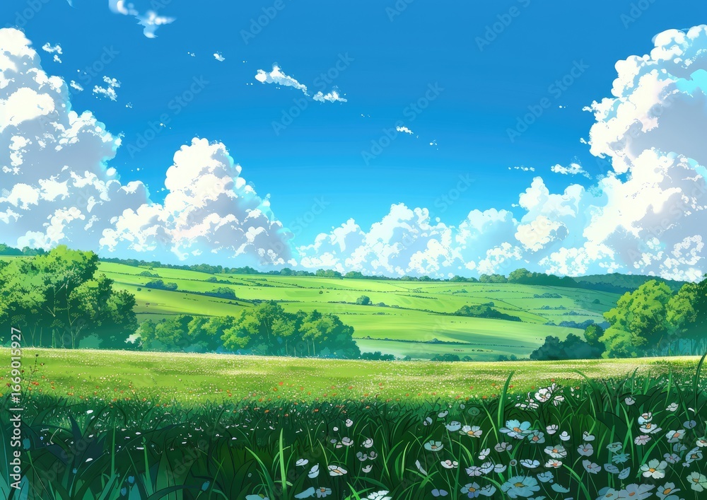 Fototapeta premium A vibrant summer landscape, depicting rolling green hills under a bright blue sky dotted with fluffy white clouds. Wildflowers bloom in the foreground, adding a touch of natural beauty