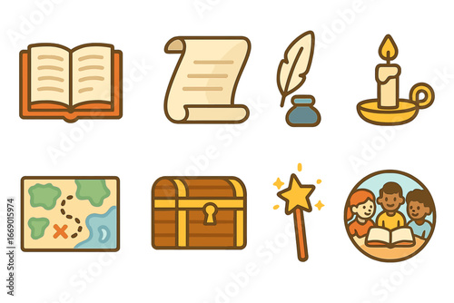Storytelling Tools Icons. Flat vector mini-illustrations storytelling tools in colors children's illustrations: open book, scroll,