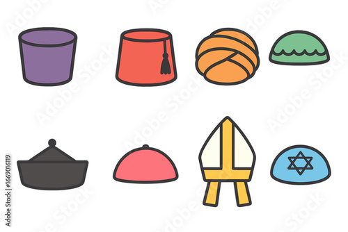 Traditional Religious Hats. Flat vector mini-illustrations traditional religious hats in colors children's illustrations: