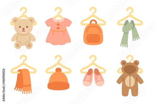 Toy Accessories Hangers. Flat vector mini-illustrations hangers for toys and accessories in colors children's illustrations: