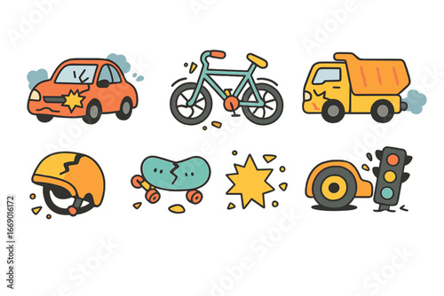 Vehicle Crash Icons. Flat vector mini-illustrations smashing vehicles in colors children's illustrations: crashed car, broken