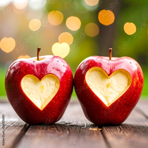 Two apples with heart shapes carved out