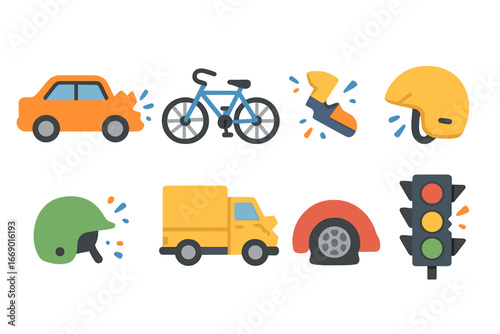 Vehicle Crash Icons. Flat vector mini-illustrations smashing vehicles in colors children's illustrations: crashed car, broken