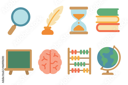 Wisdom Tools Icons. Flat vector mini-illustrations tools of wisdom in colors children's illustrations: magnifying glass, quill pen