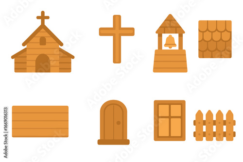 Wooden Church Icons. Flat vector mini-illustrations Wooden church exterior in colors children's illustrations: wooden walls,