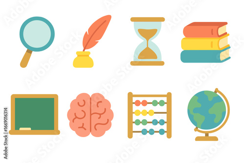 Wisdom Tools Icons. Flat vector mini-illustrations tools of wisdom in colors children's illustrations: magnifying glass, quill pen