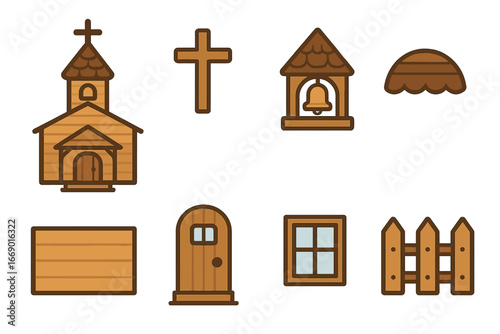 Wooden Church Icons. Flat vector mini-illustrations Wooden church exterior in colors children's illustrations: wooden walls,