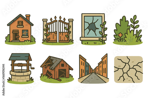 Abandoned Places Icons. Flat vector mini-illustrations abandoned places in colors children's illustrations: deserted house, rusty